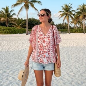 LOVESTITCH Red floral blouse shirt v-neck small short sleeve boho, size S